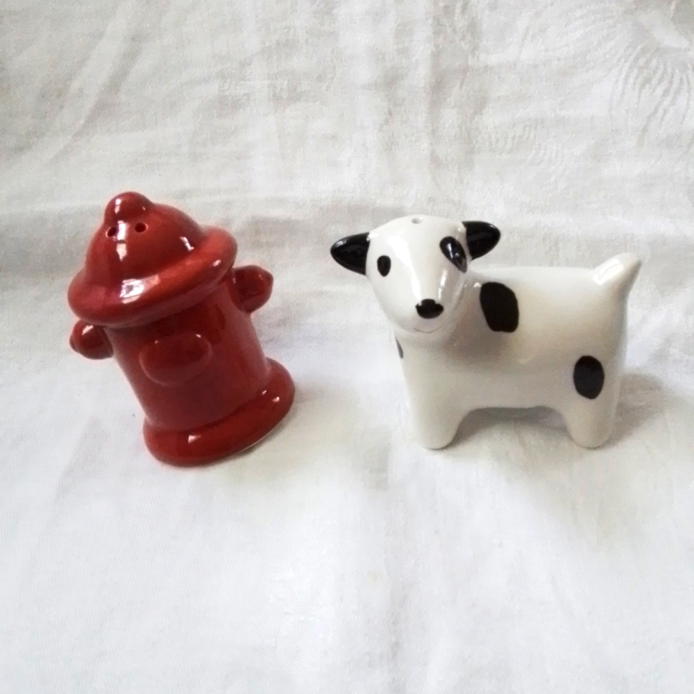 Dalmatian Dog and Red Fire Hydrant Salt and Pepper Shakers